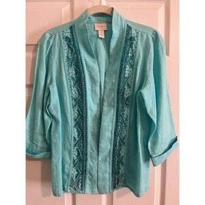 Chico's Embellished Linen Blend Open Front Jacket Blazer Aqua Blue Size 0